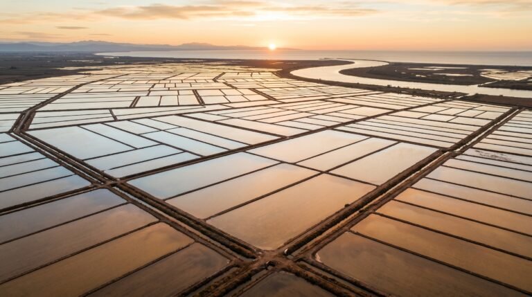 Vista aérea de los arrozales del Delta del Ebro al amanecer